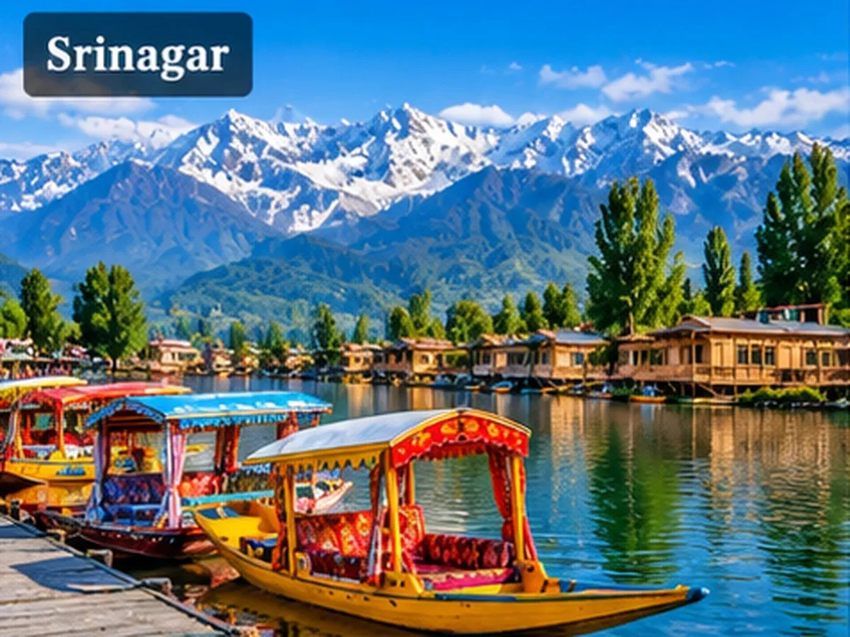 Scenic view of Srinagar with Dal Lake, traditional houseboats and Himalayan mountains