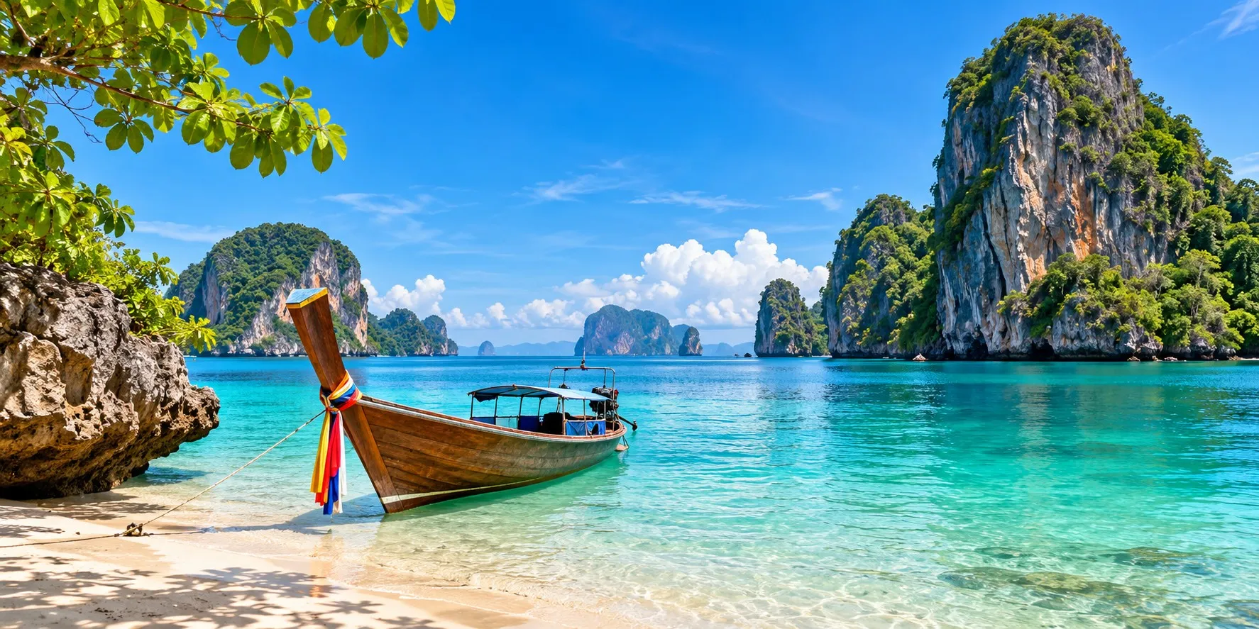 Traditional Thai long-tail boat on turquoise tropical waters near a lush island in Thailand