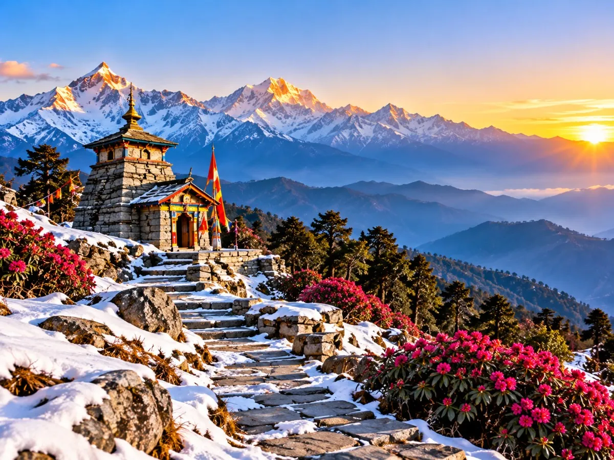 Green alpine meadows and Himalayan mountain peaks in Chopta, Uttarakhand.