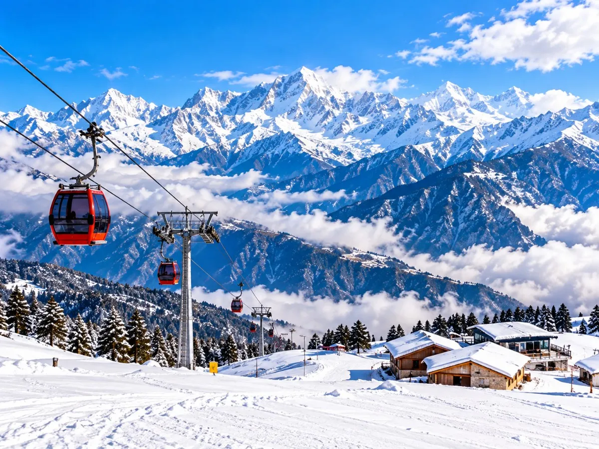 Snow-covered Himalayan peaks and mountain slopes in Auli, Uttarakhand.