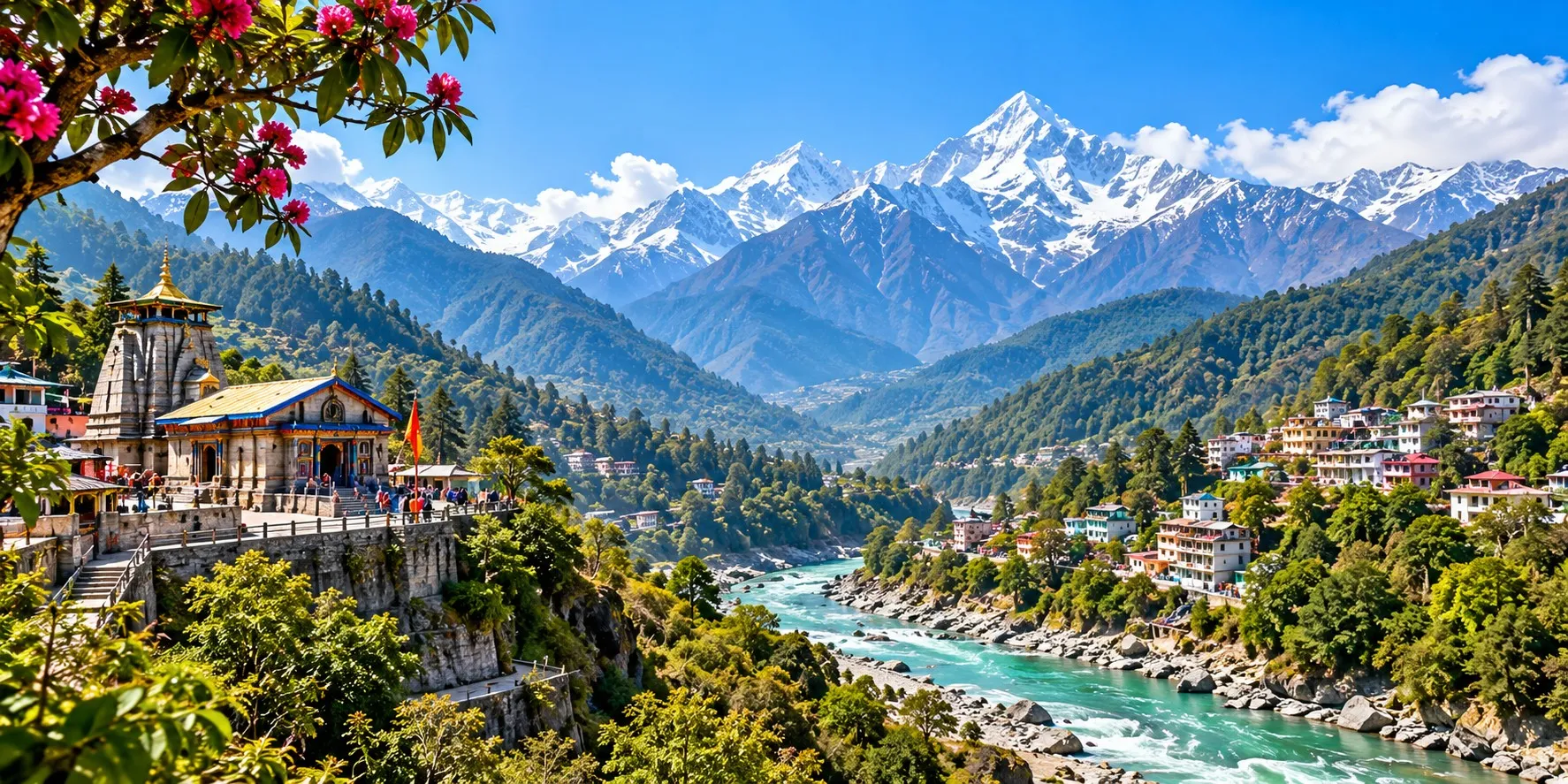 Scenic Himalayan mountains, river valley and natural landscapes of Uttarakhand, India.