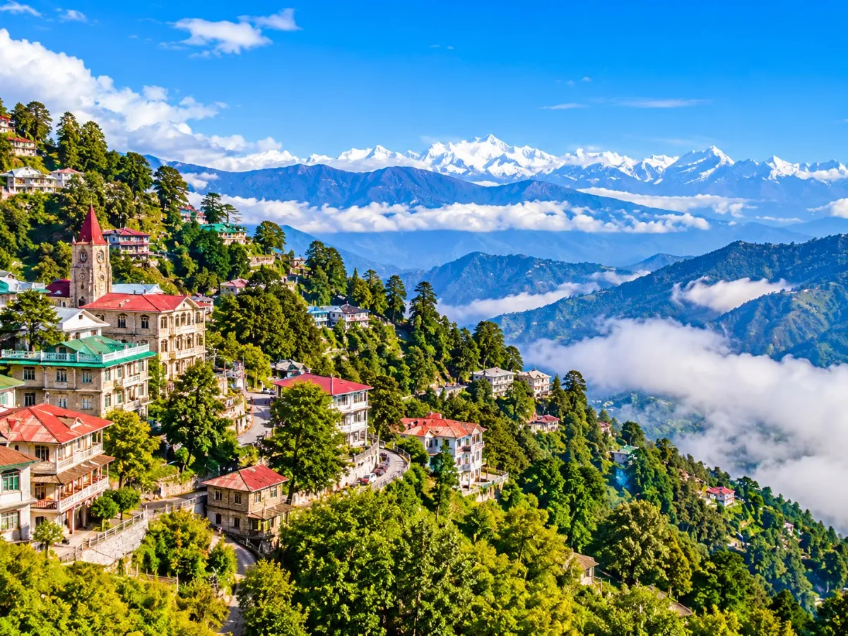 Beautiful mountain valley and green Himalayan hills in Mussoorie, Uttarakhand.
