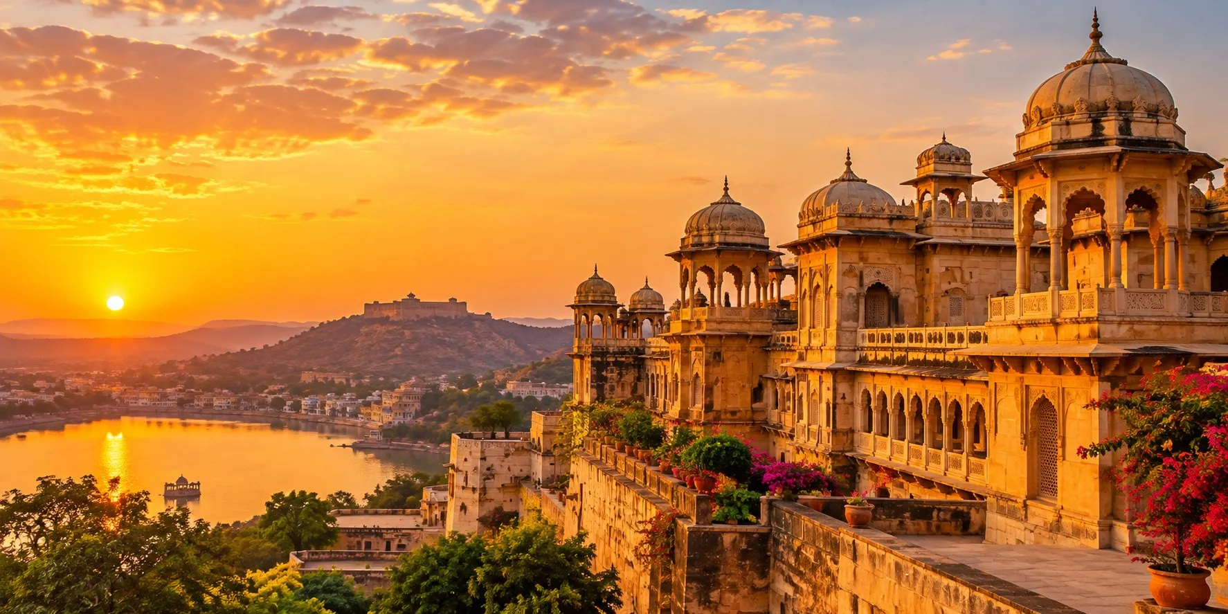 Royal heritage palace in Rajasthan with traditional architecture and golden sunset scenery