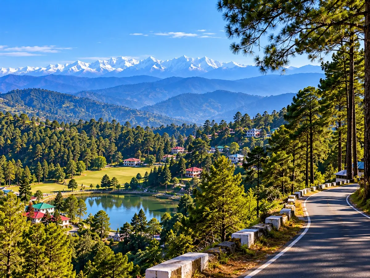 Green pine forests and panoramic Himalayan scenery in Ranikhet, Uttarakhand.