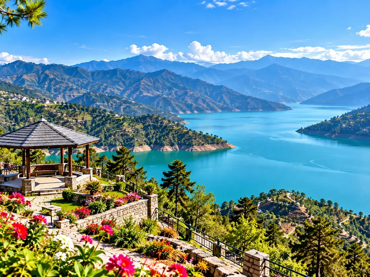 Blue waters of Tehri Lake surrounded by green hills in Uttarakhand.