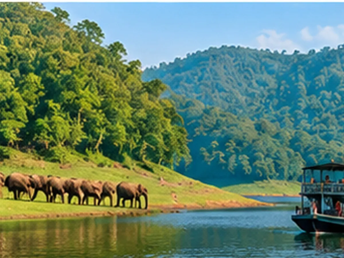 Green forest and lake landscape in Thekkady near Periyar Wildlife Sanctuary, Kerala