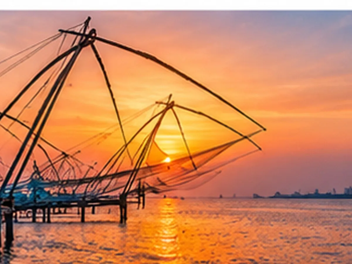 Traditional Chinese fishing nets along the waterfront at Fort Kochi, Kerala
