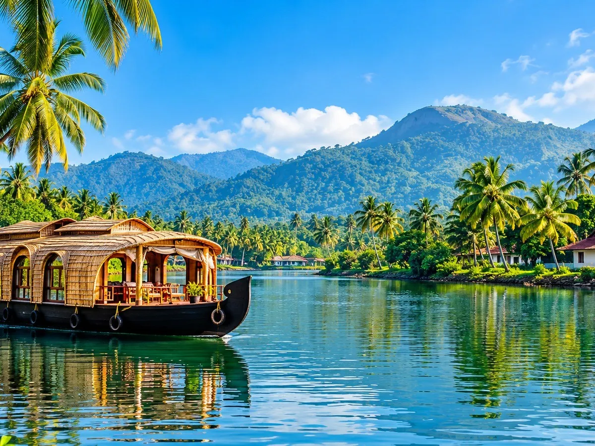 Serene Vembanad Lake backwaters surrounded by coconut palms in Kumarakom, Kerala