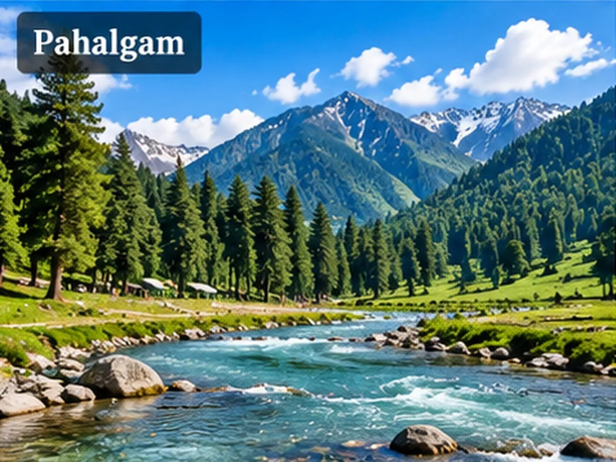 Lush green valley and river surrounded by mountains in Pahalgam, Kashmir