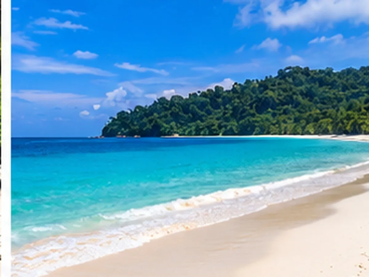 White sandy shoreline and clear turquoise water at Radhanagar Beach, Havelock Island.