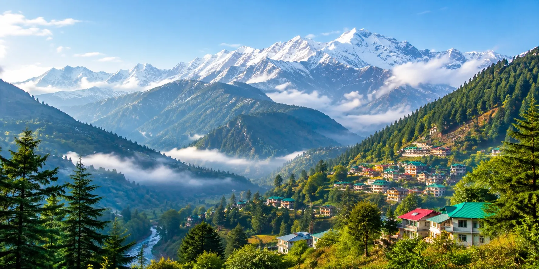 Snow-capped Himalayan mountains, lush green valleys, pine forests and a scenic river in Himachal Pradesh