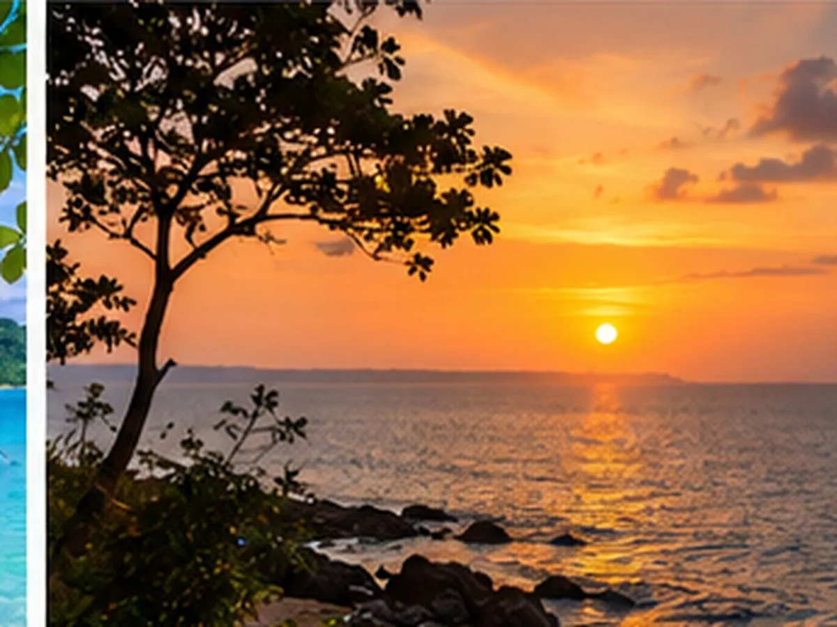 Sunset over the sea and green coastal landscape at Chidiya Tapu, Andaman.