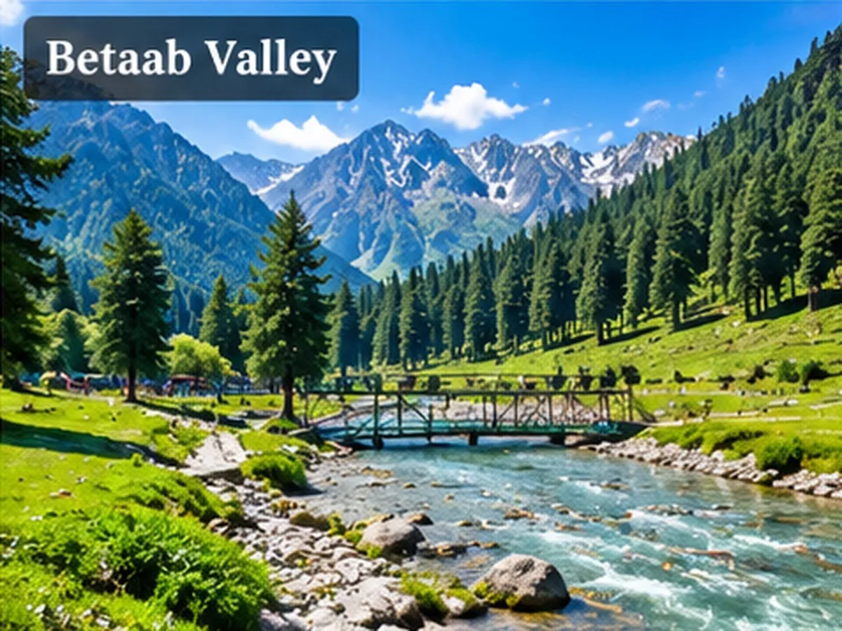 Green meadows, pine forests and mountains in Betaab Valley, Kashmir