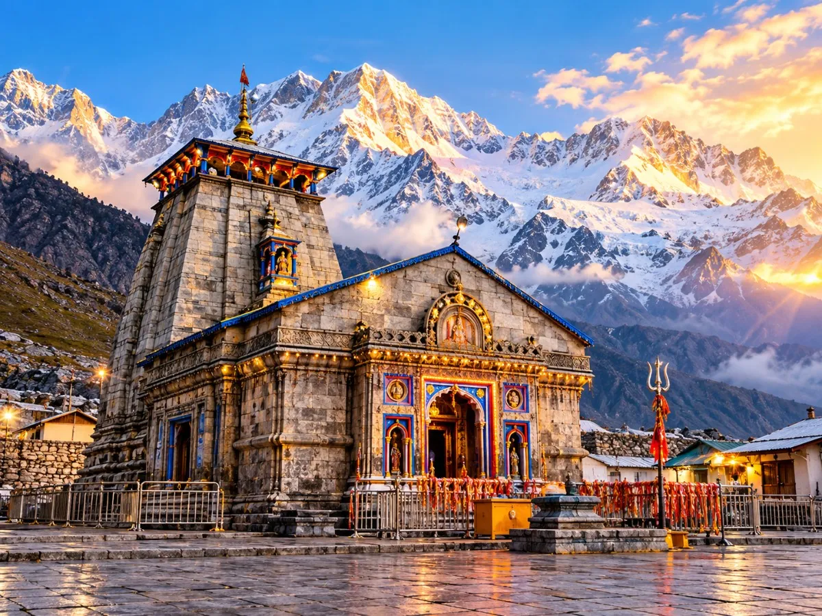 Kedarnath Temple surrounded by the majestic Himalayan mountains in Uttarakhand.