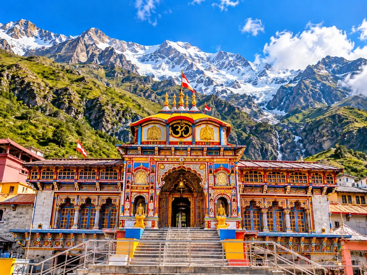 Colourful Badrinath Temple with Himalayan mountain scenery in Uttarakhand.