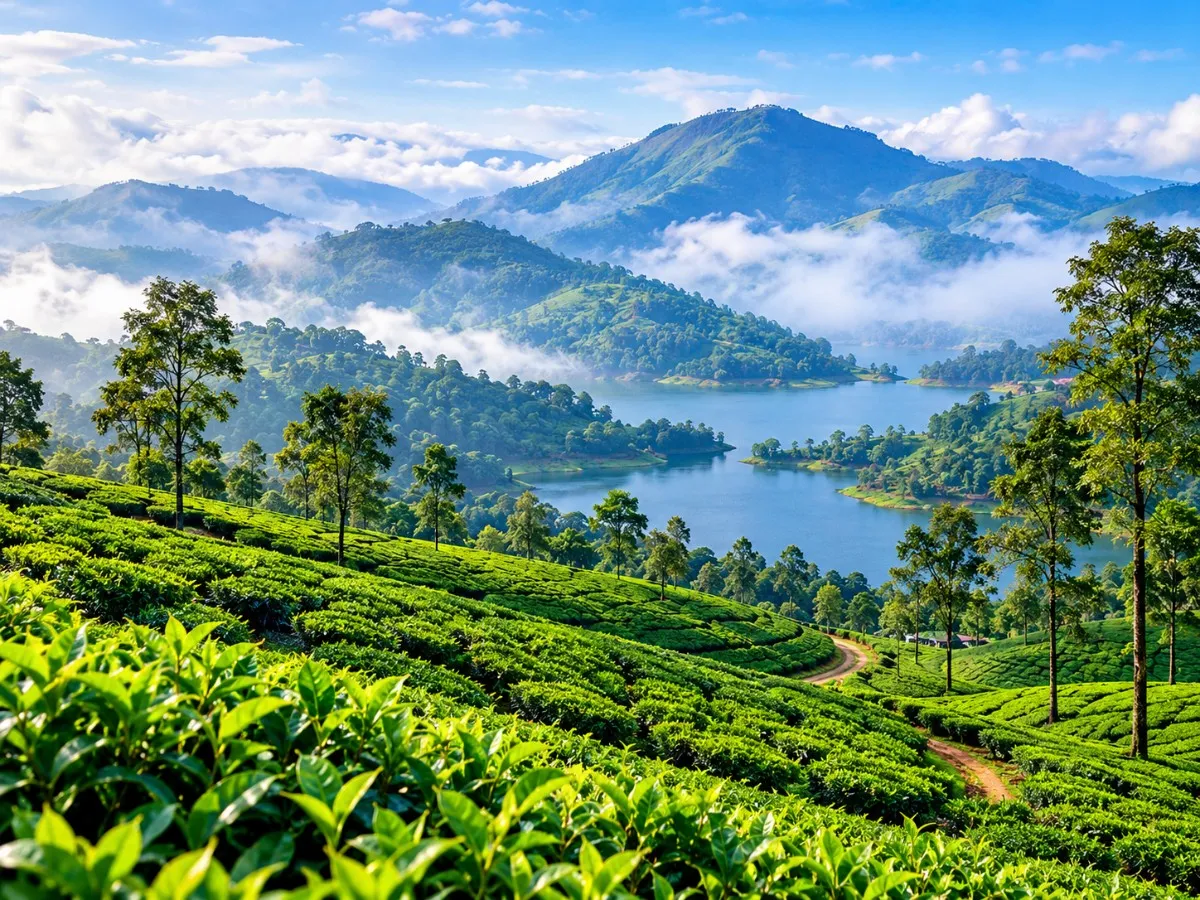 Lush green tea plantations and mist-covered mountains in Munnar, Kerala