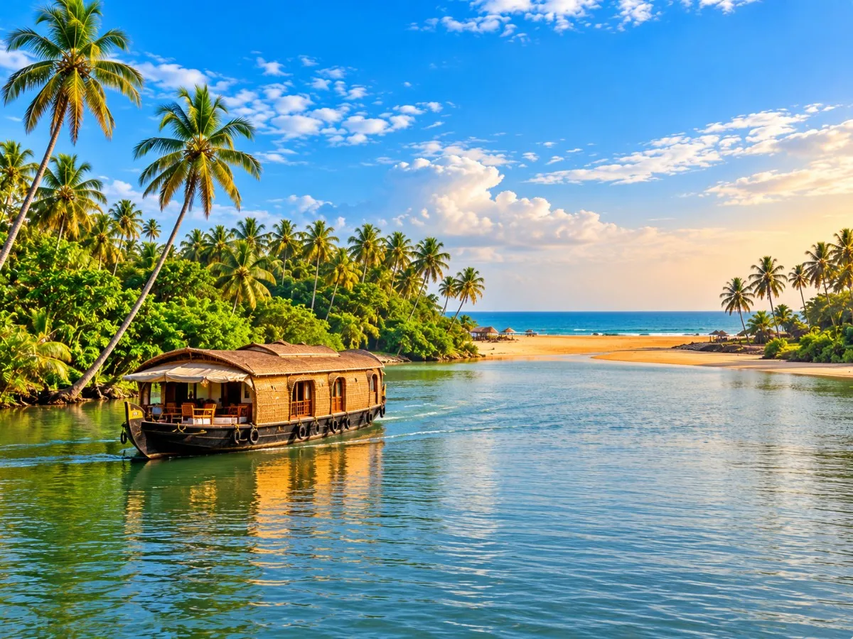 Palm-lined backwaters and golden coastal scenery in Poovar, Kerala