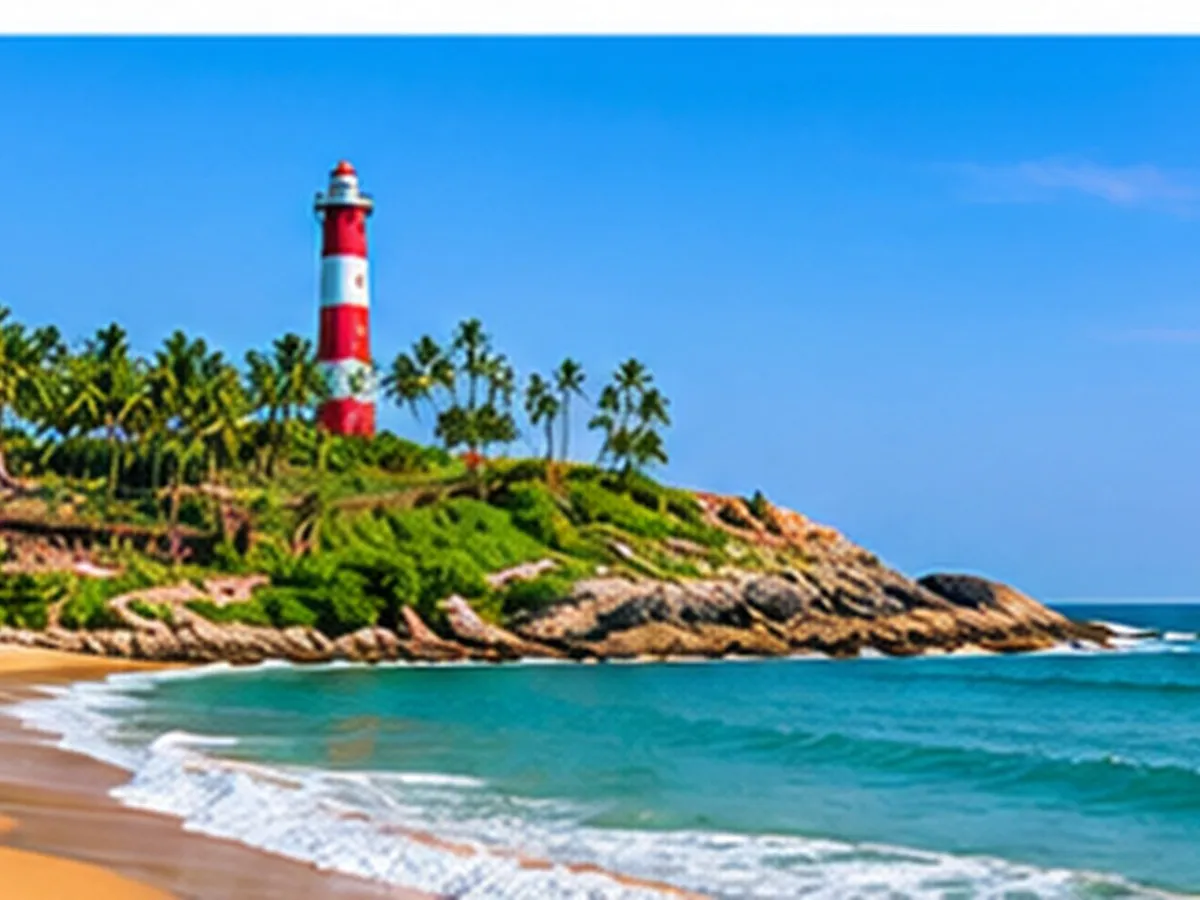Golden sandy beach, palm trees and blue Arabian Sea at Kovalam, Kerala