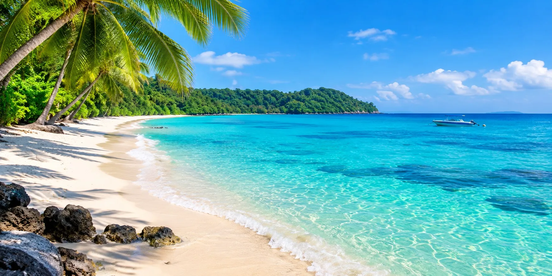 Tropical beach in  with turquoise blue sea, white sand and green palm trees