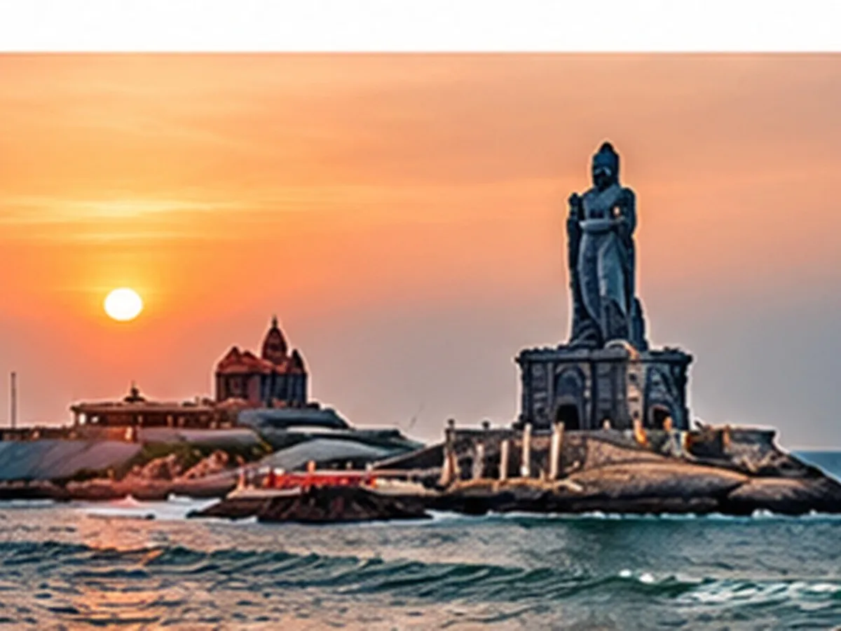 Vivekananda Rock Memorial and Thiruvalluvar Statue overlooking the sea in Kanyakumari, Tamil Nadu