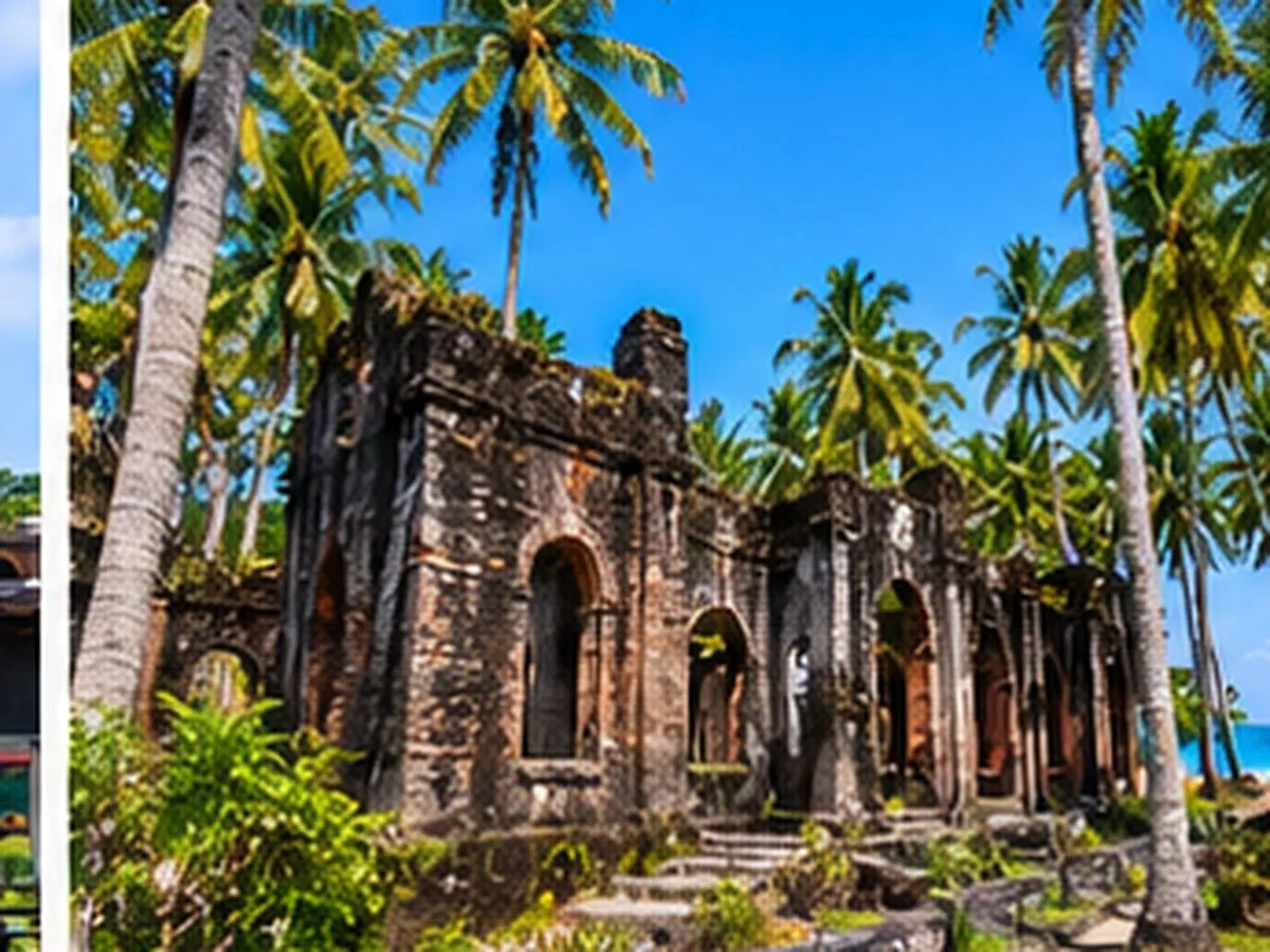Historic colonial ruins surrounded by tropical greenery on Ross Island, Andaman.