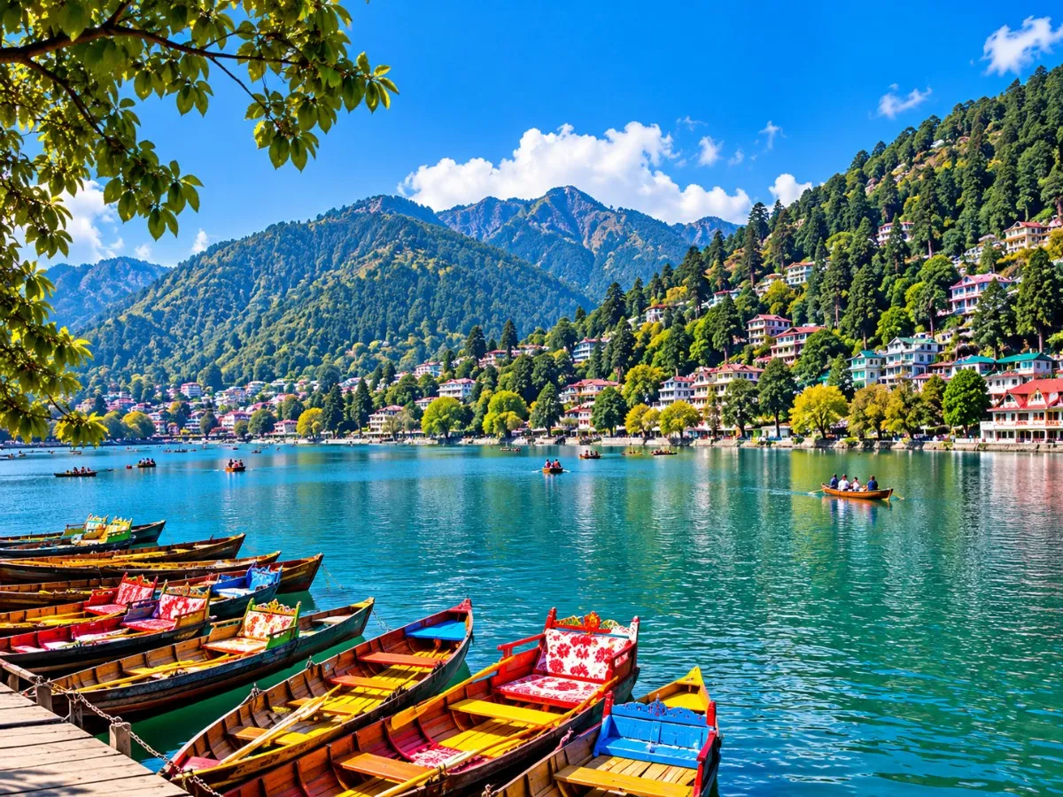 Scenic Naini Lake surrounded by green hills in Nainital, Uttarakhand.