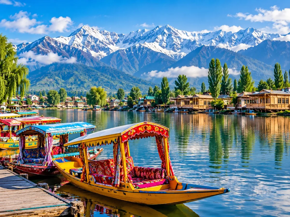 Colourful Shikaras floating on Dal Lake in Srinagar, Kashmir