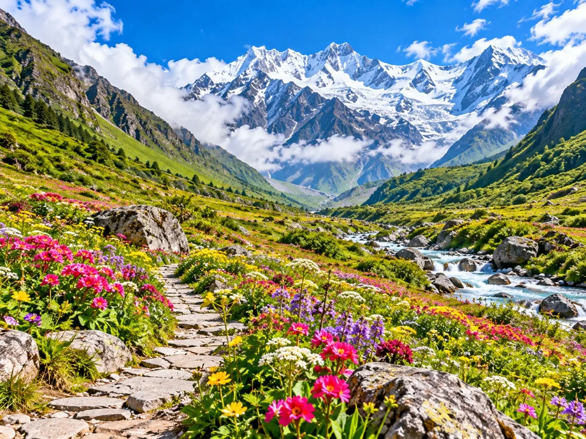 Colourful seasonal alpine flowers across the mountain meadows of Valley of Flowers, Uttarakhand.