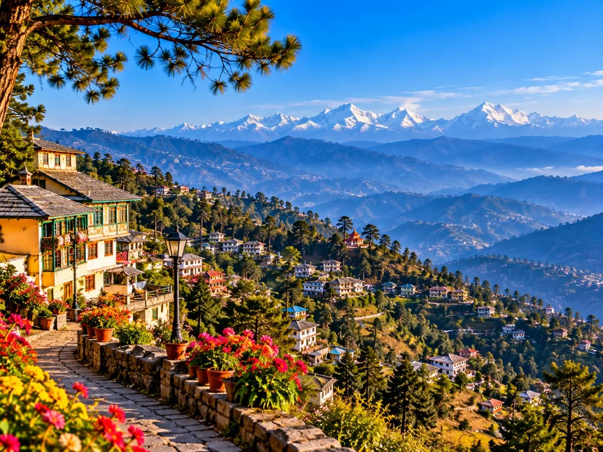 Scenic Himalayan mountain views and traditional hillside town scenery in Almora, Uttarakhand.